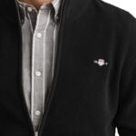 קרדיגן גאנט GANT שחור כותנה דגם Waffle Zip Cardigan וופל טקסטורה רוכסן מלא רקמה