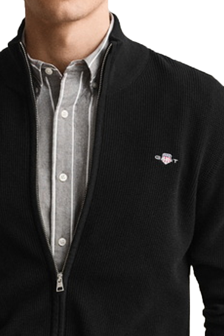 קרדיגן גאנט GANT שחור כותנה דגם Waffle Zip Cardigan וופל טקסטורה רוכסן מלא רקמה