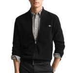 קרדיגן גאנט GANT שחור כותנה דגם Waffle Zip Cardigan וופל טקסטורה רוכסן מלא רקמה