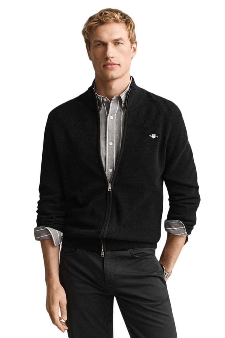 קרדיגן גאנט GANT שחור כותנה דגם Waffle Zip Cardigan וופל טקסטורה רוכסן מלא רקמה