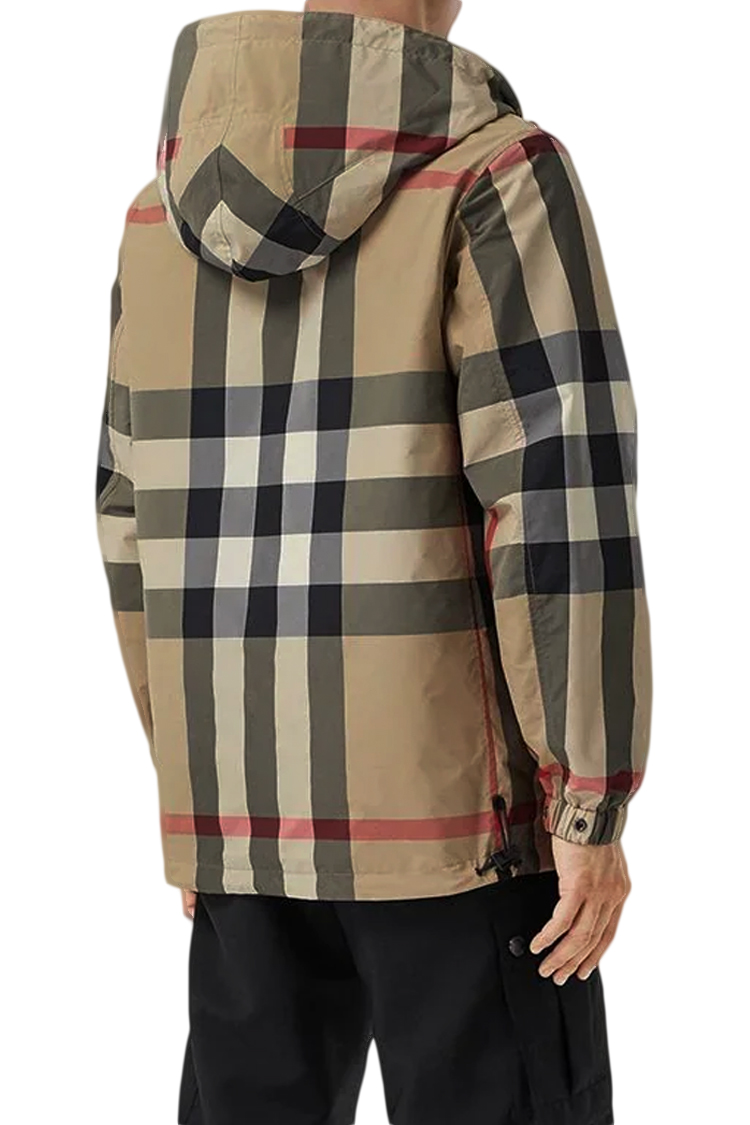 מעיל דו צדדי ברברי burberry משובץ שחור דגם Reversible Check Hooded Jacket פוליאסטר כפתורי לחיצה לוגו