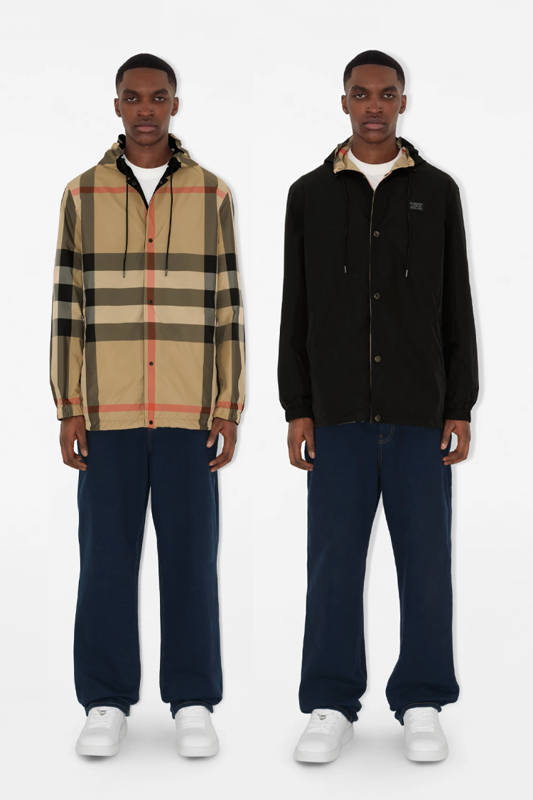 מעיל דו צדדי ברברי burberry משובץ שחור דגם Reversible Check Hooded Jacket פוליאסטר כפתורי לחיצה לוגו