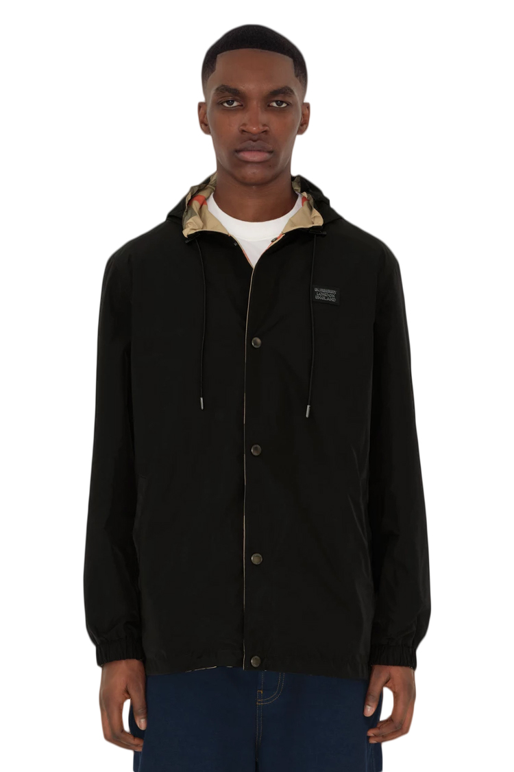 מעיל דו צדדי ברברי burberry משובץ שחור דגם Reversible Check Hooded Jacket פוליאסטר כפתורי לחיצה לוגו