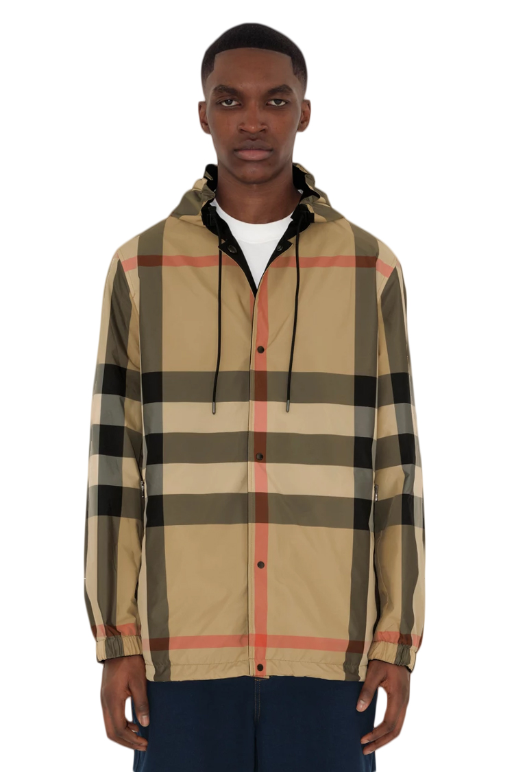 מעיל דו צדדי ברברי burberry משובץ שחור דגם Reversible Check Hooded Jacket פוליאסטר כפתורי לחיצה לוגו