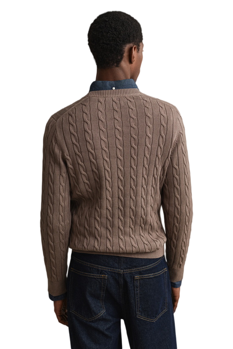 סריג גאנט GANT חום כותנה דגם Cotton Cable Knit סריג כבלים צמה רקמה