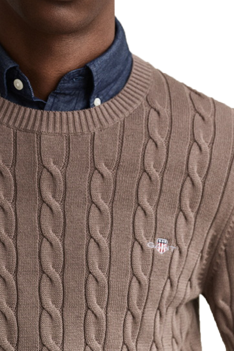 סריג גאנט GANT חום כותנה דגם Cotton Cable Knit סריג כבלים צמה רקמה