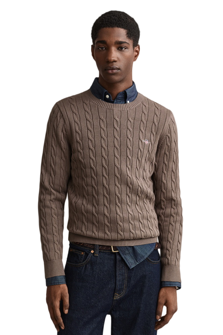 סריג גאנט GANT חום כותנה דגם Cotton Cable Knit סריג כבלים צמה רקמה