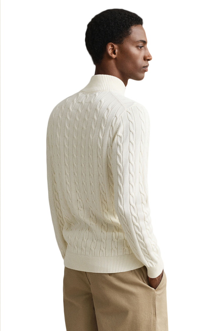 סריג גאנט gant קרם דגם Cotton Cable Knit Half-Zip 100 אחוז כותנה סריגת צמות חצי רוכסן רקמה