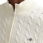 סריג גאנט gant קרם דגם Cotton Cable Knit Half-Zip 100 אחוז כותנה סריגת צמות חצי רוכסן רקמה