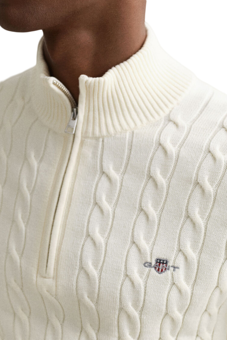 סריג גאנט gant קרם דגם Cotton Cable Knit Half-Zip 100 אחוז כותנה סריגת צמות חצי רוכסן רקמה