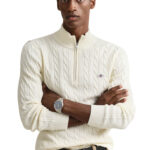 סריג גאנט gant קרם דגם Cotton Cable Knit Half-Zip 100 אחוז כותנה סריגת צמות חצי רוכסן רקמה