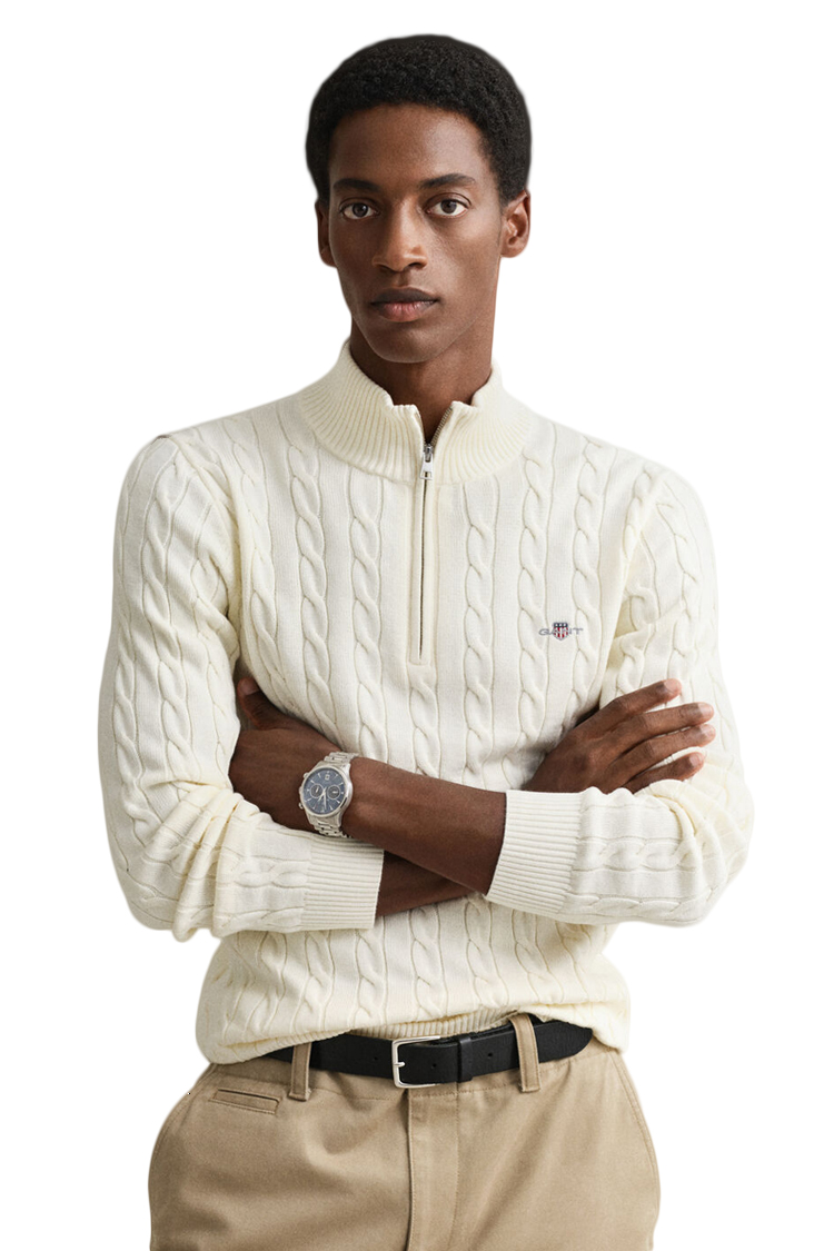 סריג גאנט gant קרם דגם Cotton Cable Knit Half-Zip 100 אחוז כותנה סריגת צמות חצי רוכסן רקמה