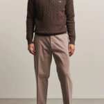 סריג גאנט gant חום דגם Cotton Cable Knit Half-Zip 100 אחוז כותנה סריגת צמות חצי רוכסן רקמה