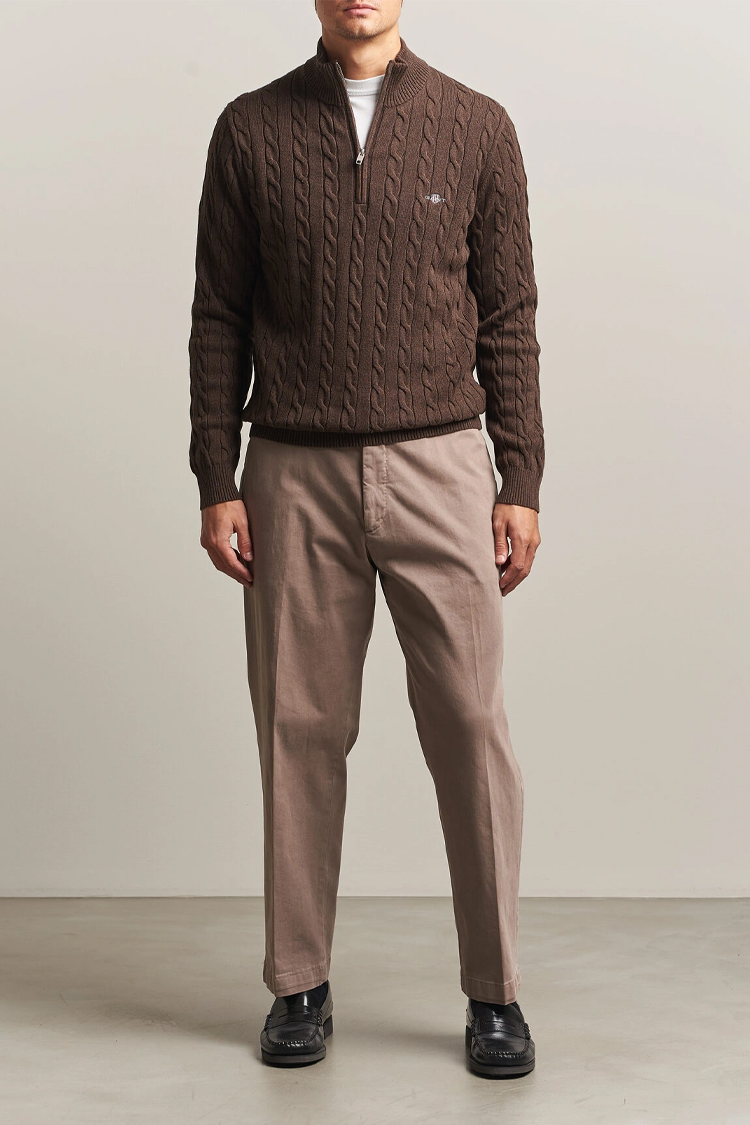 סריג גאנט gant חום דגם Cotton Cable Knit Half-Zip 100 אחוז כותנה סריגת צמות חצי רוכסן רקמה