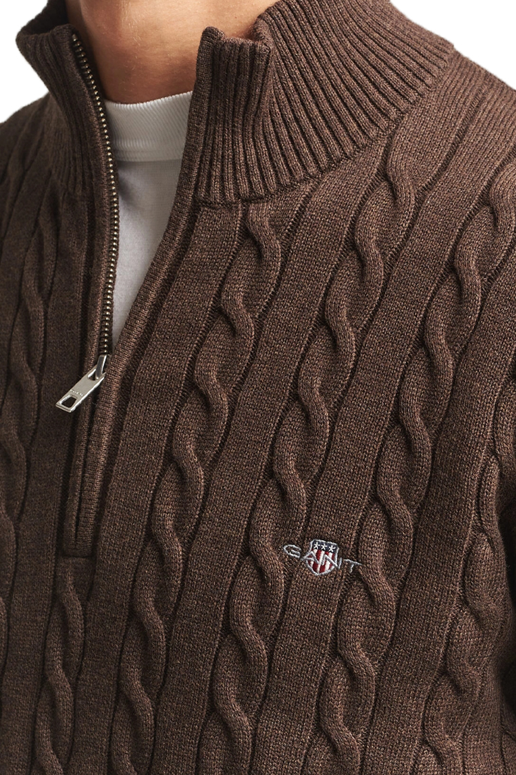 סריג גאנט gant חום דגם Cotton Cable Knit Half-Zip 100 אחוז כותנה סריגת צמות חצי רוכסן רקמה