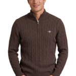 סריג גאנט gant חום דגם Cotton Cable Knit Half-Zip 100 אחוז כותנה סריגת צמות חצי רוכסן רקמה