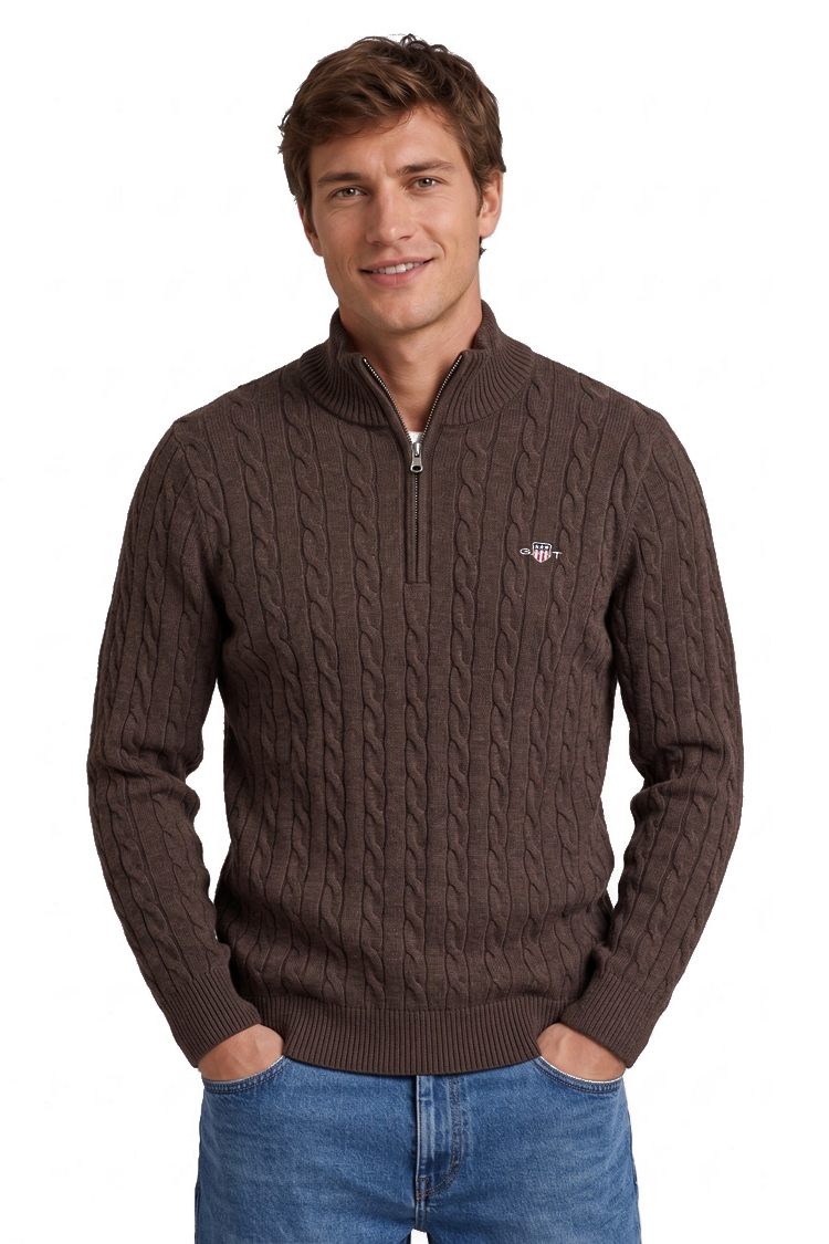 סריג גאנט gant חום דגם Cotton Cable Knit Half-Zip 100 אחוז כותנה סריגת צמות חצי רוכסן רקמה