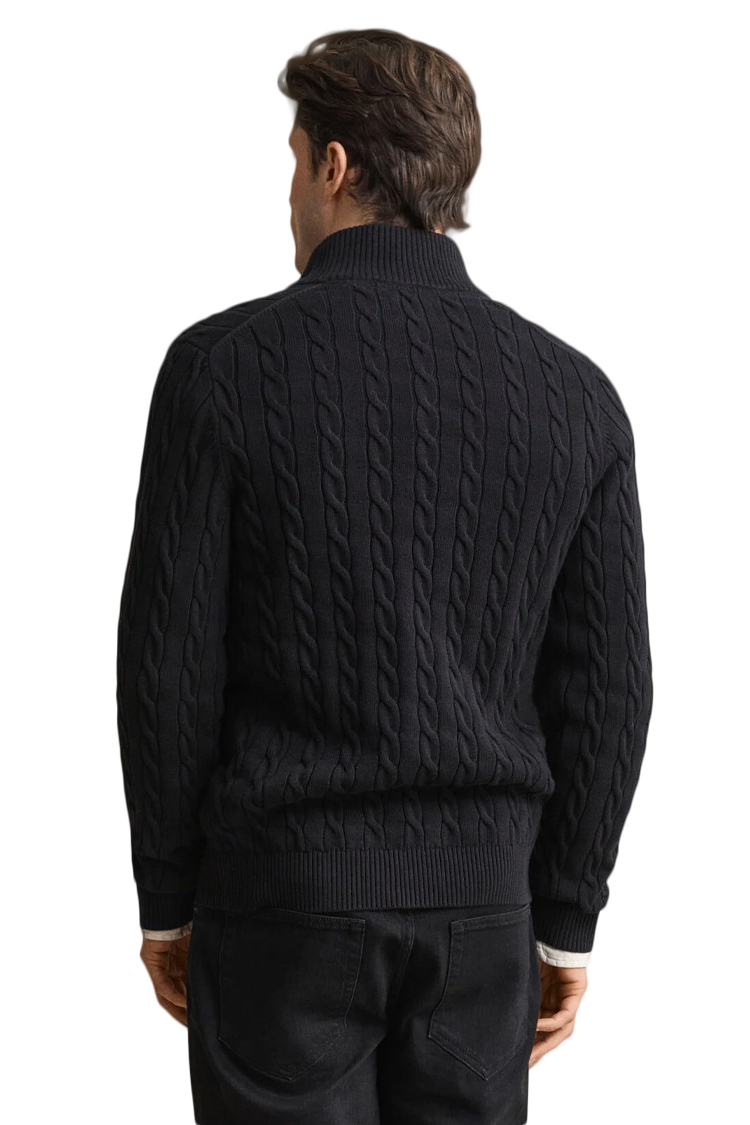 סריג גאנט gant שחור דגם Cotton Cable Knit Half-Zip 100 אחוז כותנה סריגת צמות חצי רוכסן רקמה