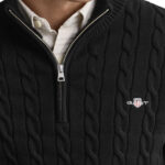 סריג גאנט gant שחור דגם Cotton Cable Knit Half-Zip 100 אחוז כותנה סריגת צמות חצי רוכסן רקמה