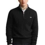 סריג גאנט gant שחור דגם Cotton Cable Knit Half-Zip 100 אחוז כותנה סריגת צמות חצי רוכסן רקמה
