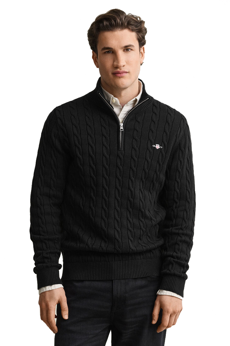 סריג גאנט gant שחור דגם Cotton Cable Knit Half-Zip 100 אחוז כותנה סריגת צמות חצי רוכסן רקמה