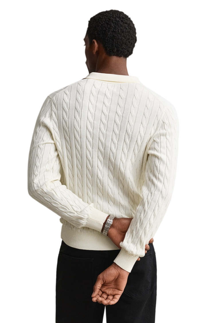 סריג פולו גאנט GANT קרם כותנה דגם Cotton Cable Knit Polo סריג כבלים צווארון רקמה