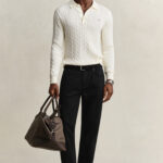 סריג פולו גאנט GANT קרם כותנה דגם Cotton Cable Knit Polo סריג כבלים צווארון רקמה