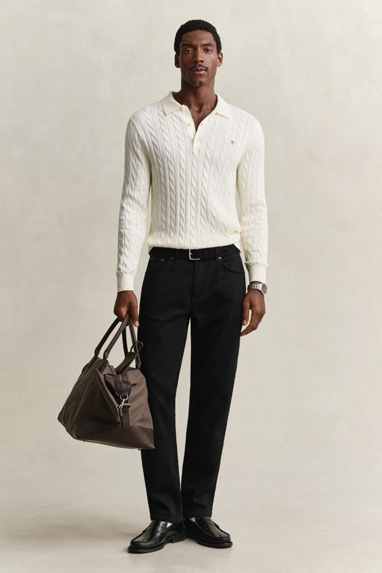 סריג פולו גאנט GANT קרם כותנה דגם Cotton Cable Knit Polo סריג כבלים צווארון רקמה