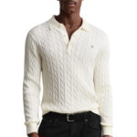 סריג פולו גאנט GANT קרם כותנה דגם Cotton Cable Knit Polo סריג כבלים צווארון רקמה