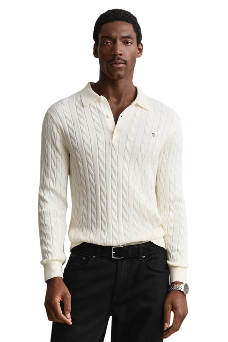 סריג פולו גאנט GANT קרם כותנה דגם Cotton Cable Knit Polo סריג כבלים צווארון רקמה