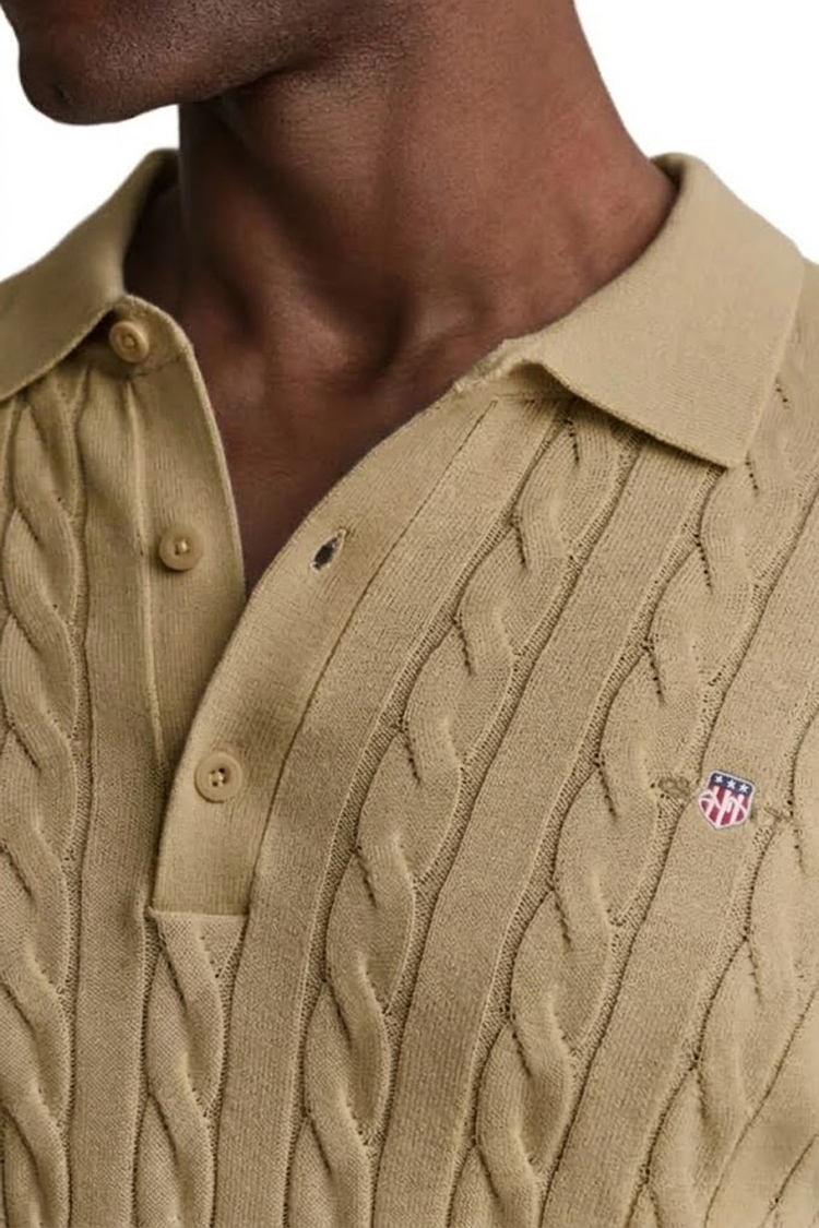 סריג גאנט gant חום בהיר דגם Cotton Cable Knit Half-Zip 100 אחוז כותנה סריגת צמות חצי רוכסן רקמה