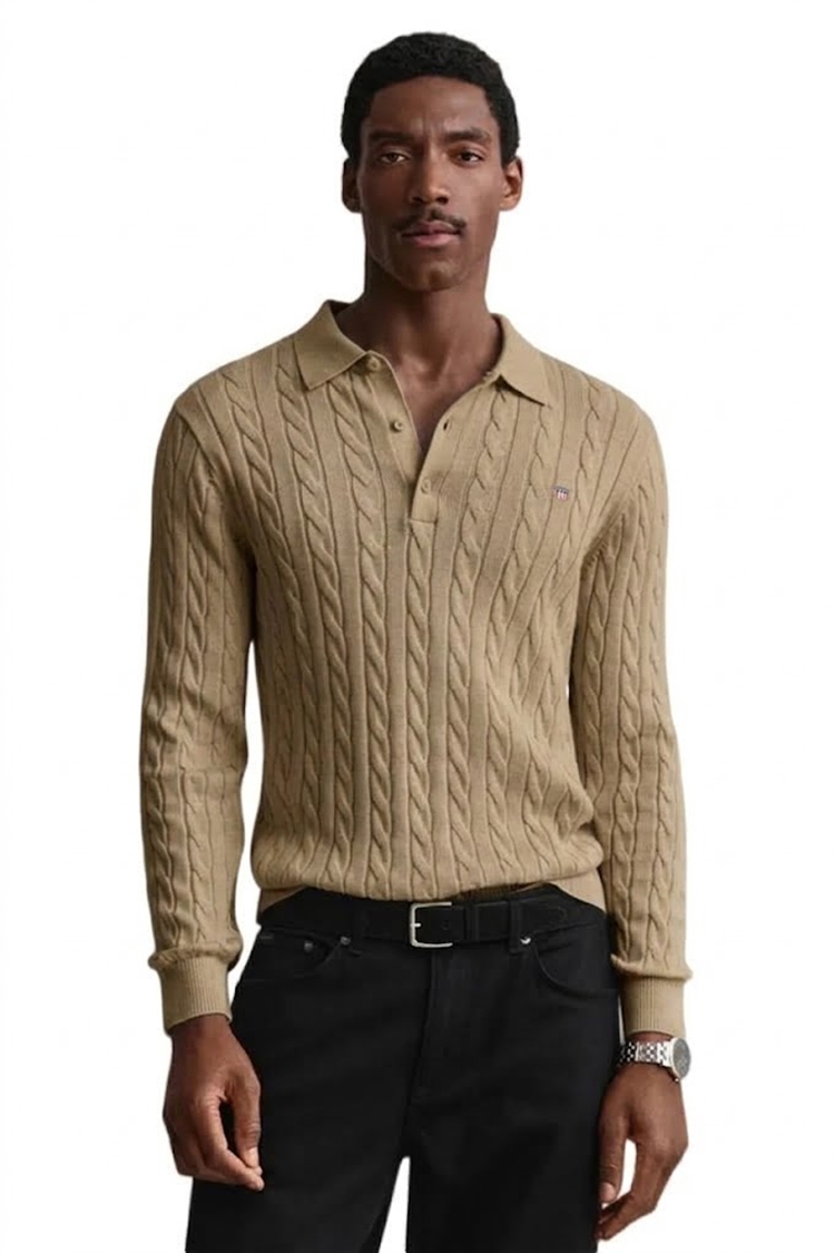 סריג גאנט gant חום בהיר דגם Cotton Cable Knit Half-Zip 100 אחוז כותנה סריגת צמות חצי רוכסן רקמה