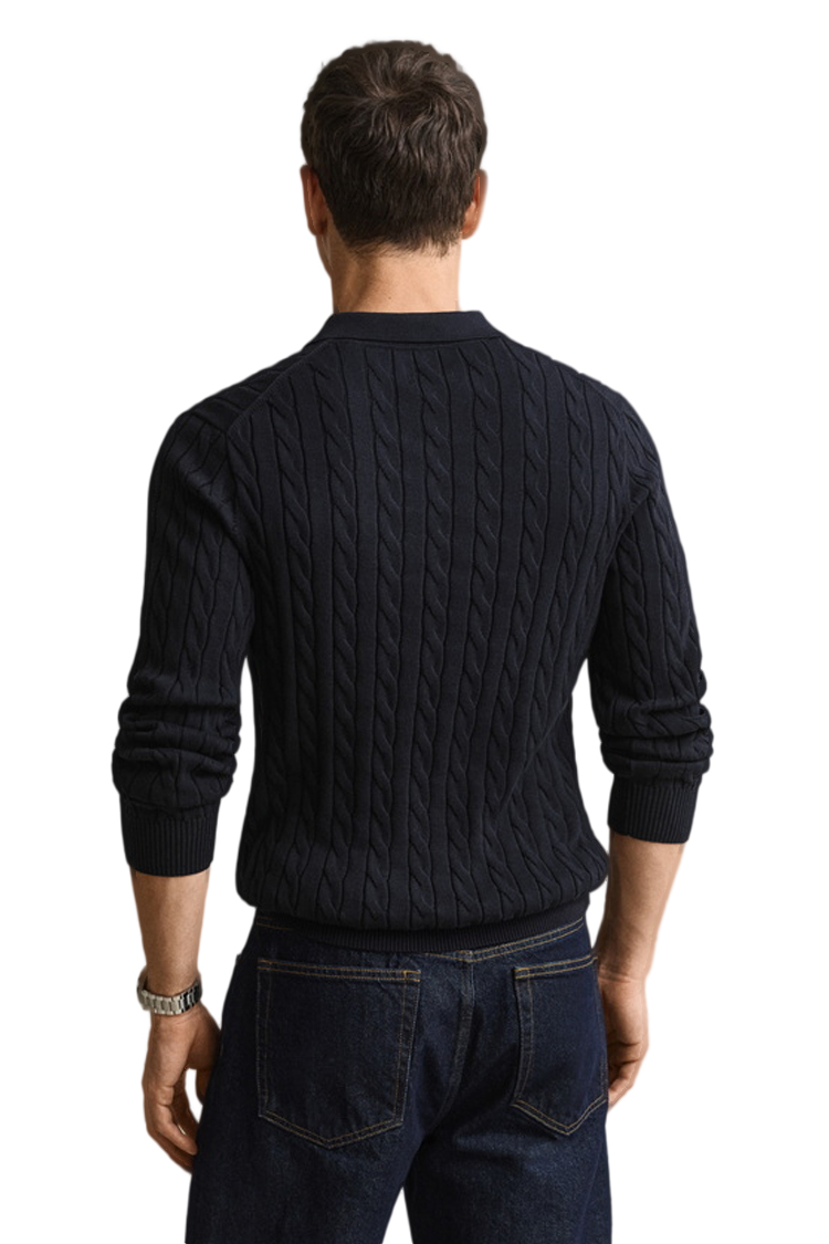 סריג פולו גאנט GANT כחול כהה כותנה דגם Cotton Cable Knit Polo סריג כבלים צווארון רקמה