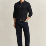 סריג פולו גאנט GANT כחול כהה כותנה דגם Cotton Cable Knit Polo סריג כבלים צווארון רקמה