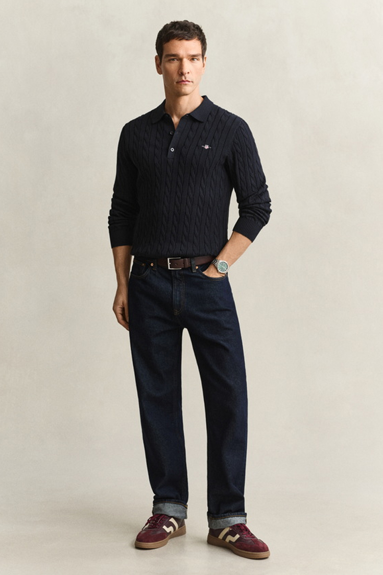 סריג פולו גאנט GANT כחול כהה כותנה דגם Cotton Cable Knit Polo סריג כבלים צווארון רקמה