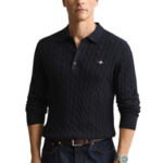 סריג פולו גאנט GANT כחול כהה כותנה דגם Cotton Cable Knit Polo סריג כבלים צווארון רקמה