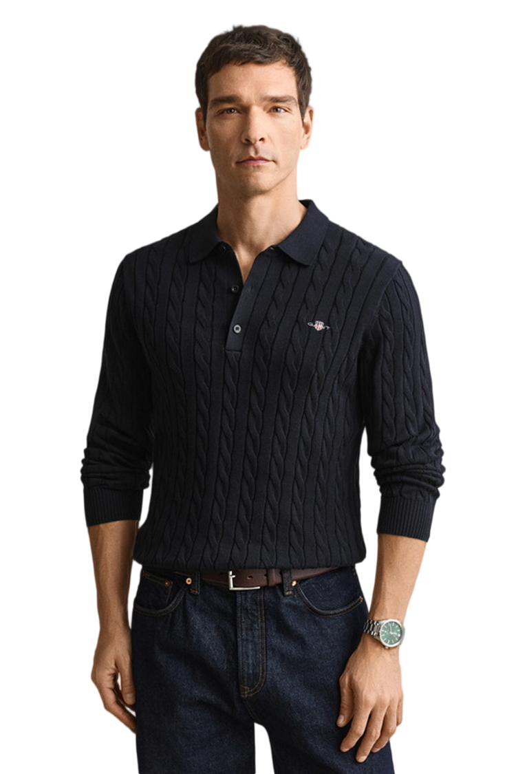 סריג פולו גאנט GANT כחול כהה כותנה דגם Cotton Cable Knit Polo סריג כבלים צווארון רקמה