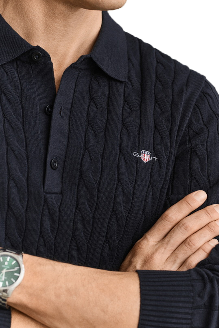 סריג פולו גאנט GANT כחול כהה כותנה דגם Cotton Cable Knit Polo סריג כבלים צווארון רקמה