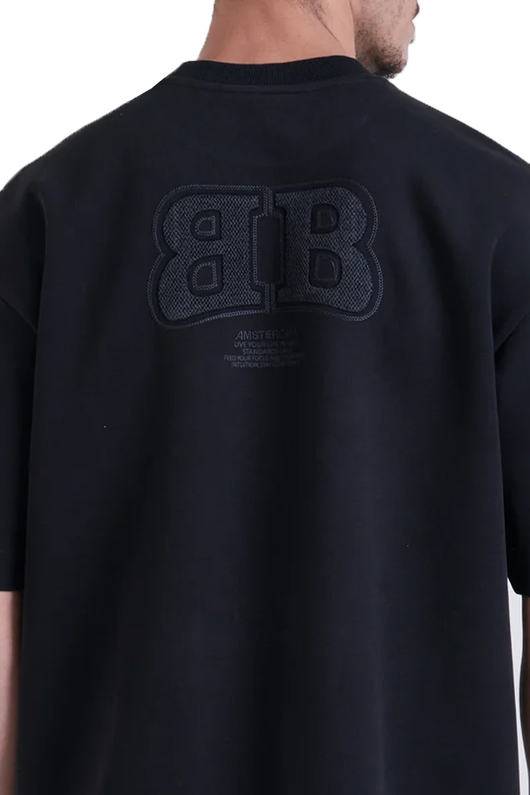 טי שירט באלר שחור כותנה דגם Embossed Back גזרה משוחררת תווית חזה רקמת לוגו והדפס בגב