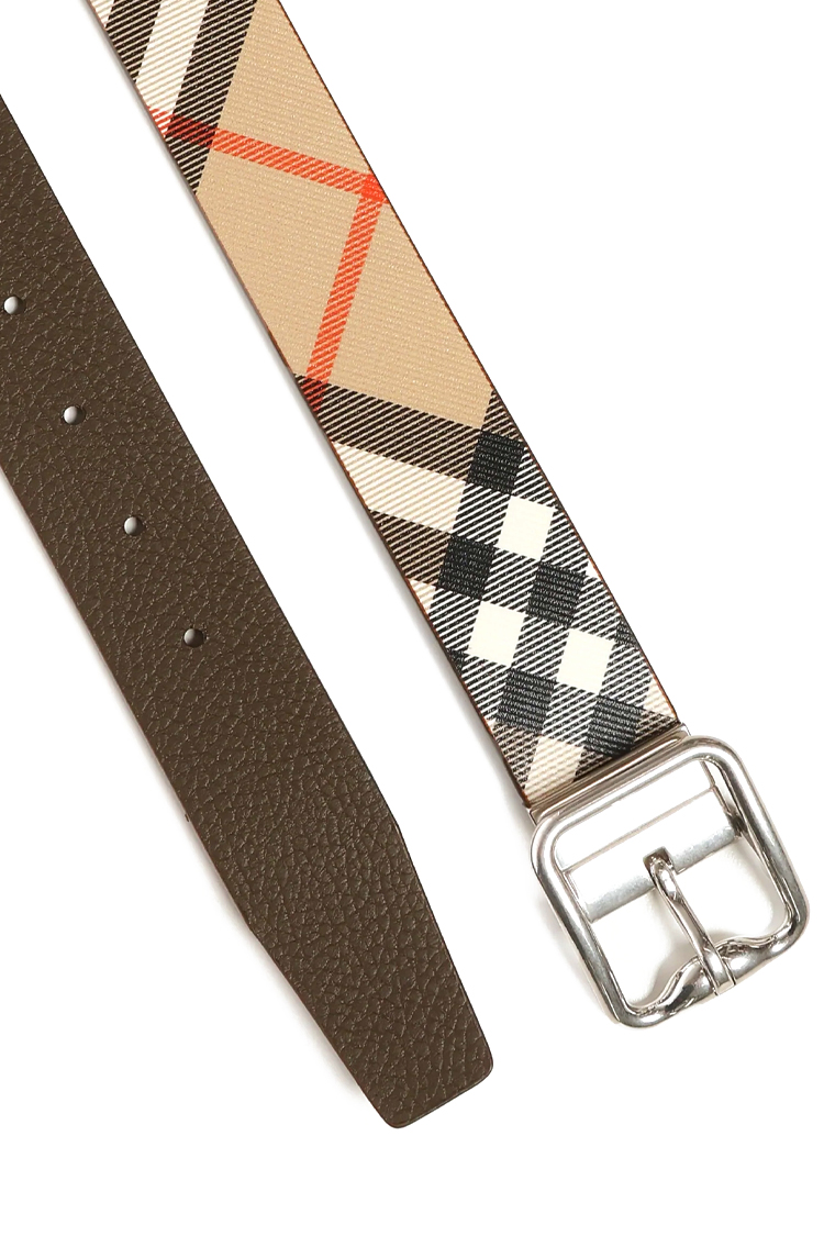 חגורת עור ברברי burberry חום בז' משובץ דגם Reversible Check B Buckle Belt אבזם פלדיום דו צדדית