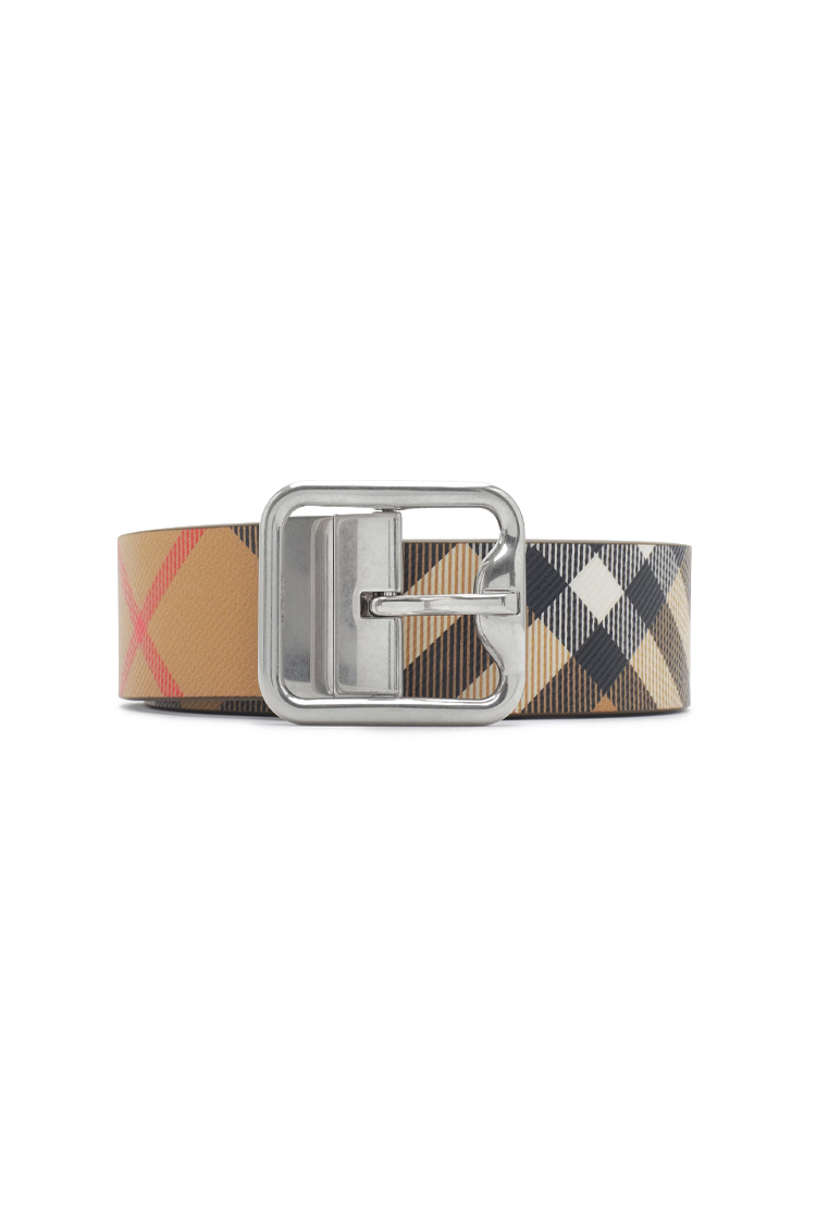 חגורת עור ברברי burberry חום בז' משובץ דגם Reversible Check B Buckle Belt אבזם פלדיום דו צדדית