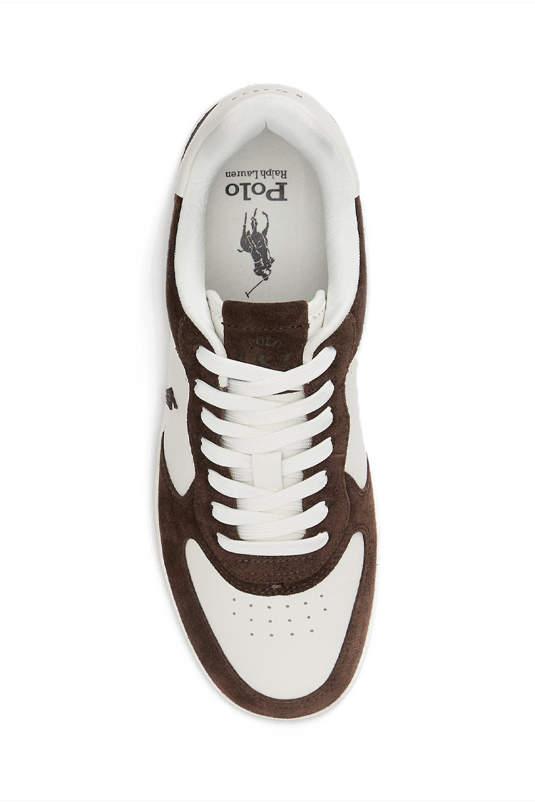 סניקרס עור פולו ראלף לורן Polo Ralph Lauren לבן חום דגם Masters Court גזרה MID עור וזמש