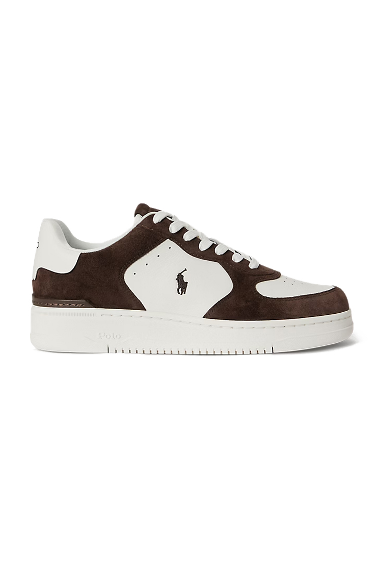 סניקרס עור פולו ראלף לורן Polo Ralph Lauren לבן חום דגם Masters Court גזרה MID עור וזמש