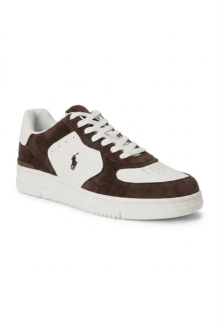 סניקרס עור פולו ראלף לורן Polo Ralph Lauren לבן חום דגם Masters Court גזרה MID עור וזמש