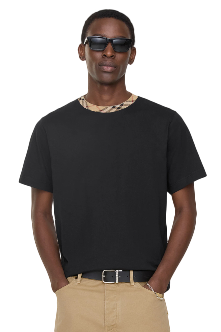 טי שירט ברברי burberry שחור משובץ דגם Check Trim Cotton גזרה משוחררת צווארון משובץ