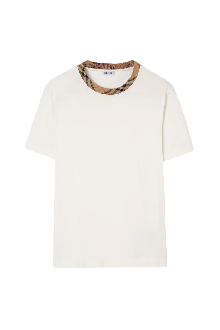 טי שירט ברברי burberry לבן משובץ דגם Check Trim Cotton גזרה משוחררת צווארון משובץ