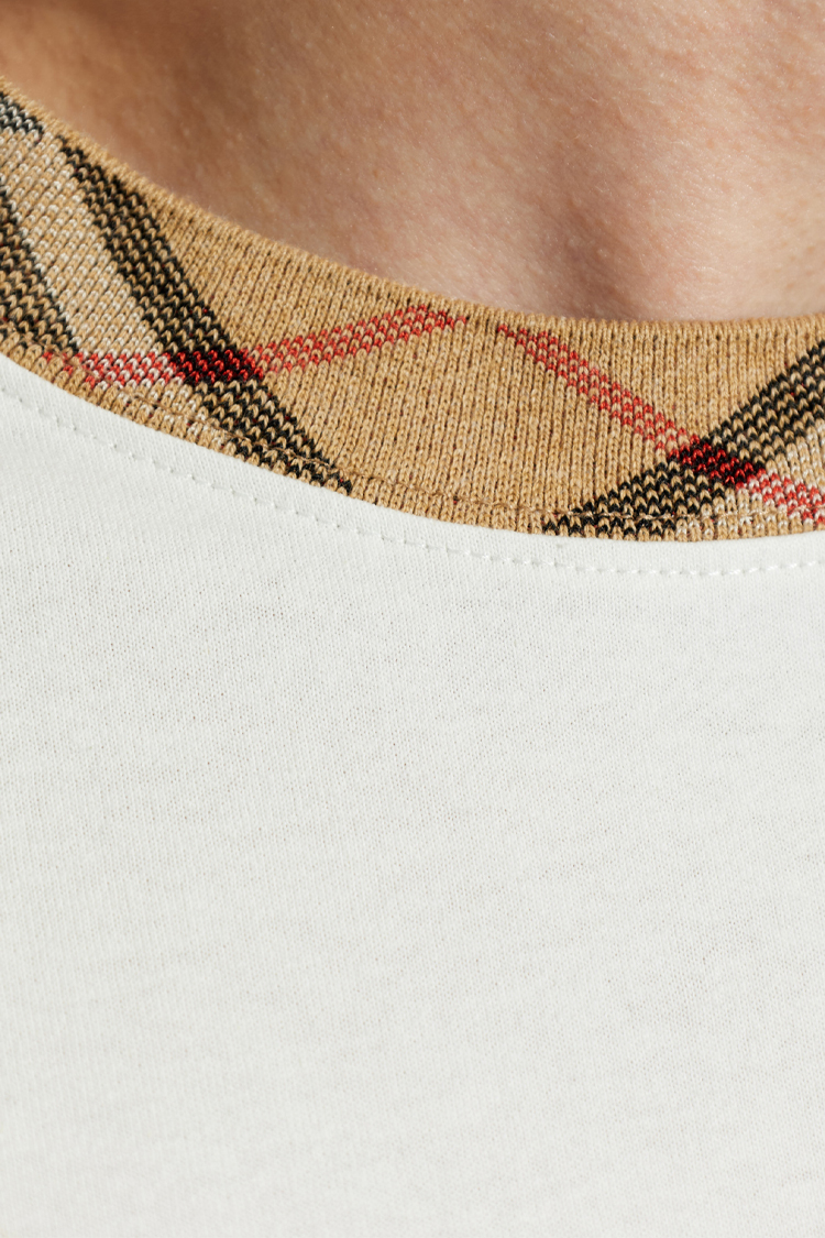 טי שירט ברברי burberry לבן משובץ דגם Check Trim Cotton גזרה משוחררת צווארון משובץ