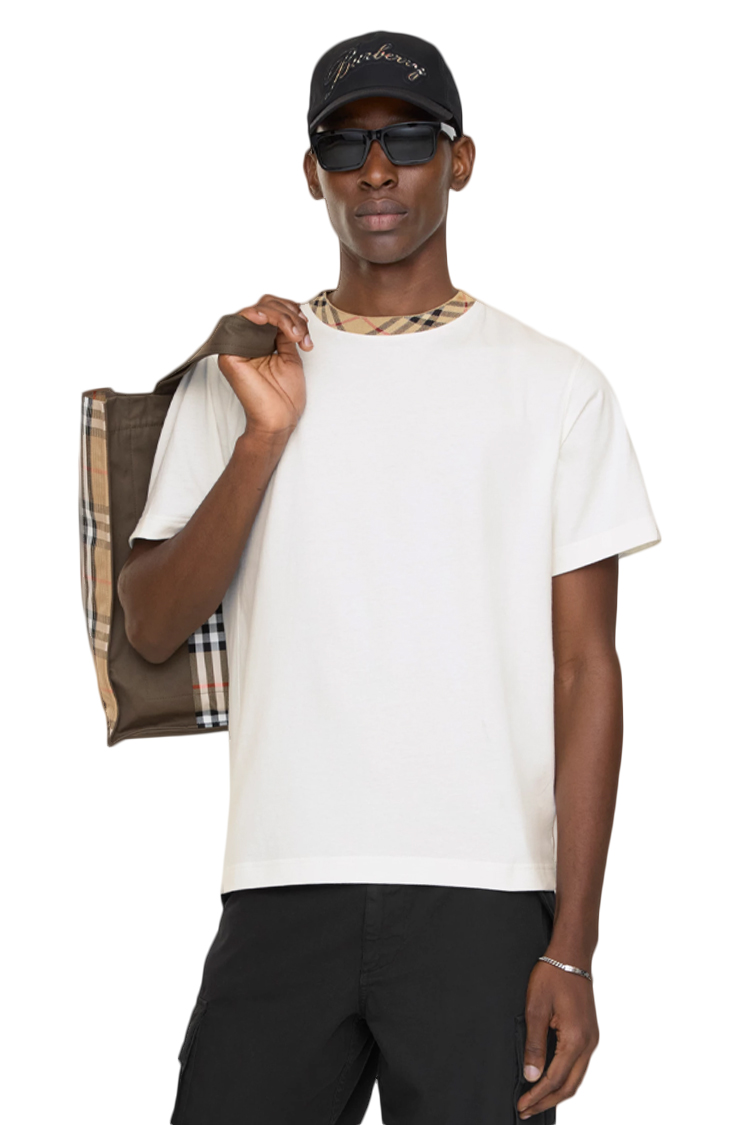 טי שירט ברברי burberry לבן משובץ דגם Check Trim Cotton גזרה משוחררת צווארון משובץ