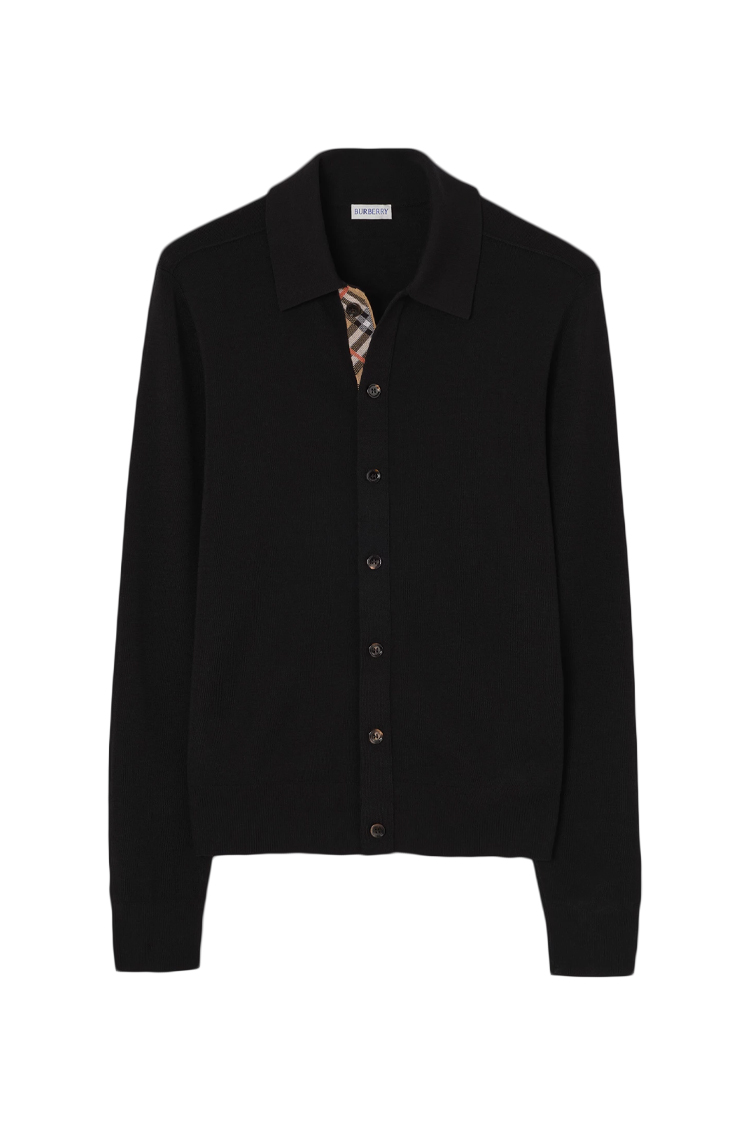 קרדיגן צמר ברברי burberry שחור דגם Wool Cardigan צמר משבצות קו כפתורים