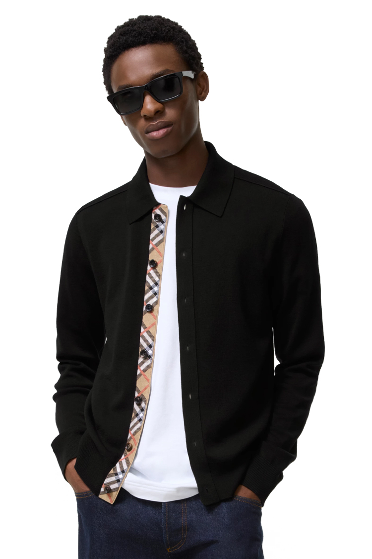 קרדיגן צמר ברברי burberry שחור דגם Wool Cardigan צמר משבצות קו כפתורים
